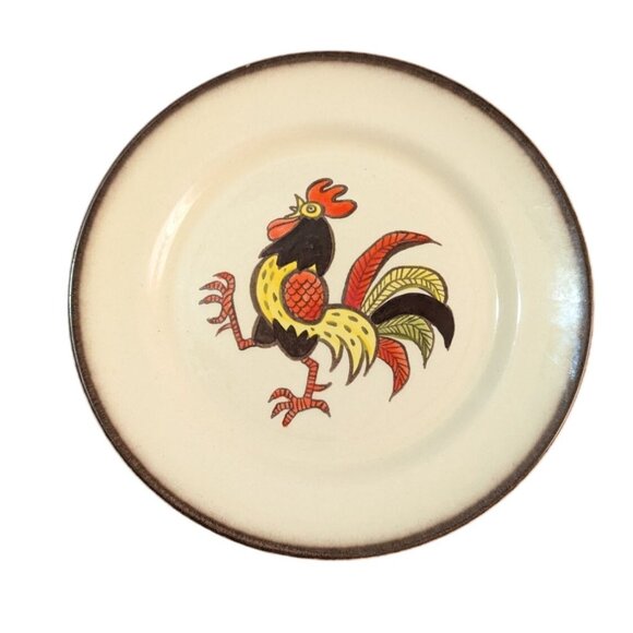 Vintage Metlox Poppytrail Red Rooster Ceramic Dinner Plate 10" Set Of 2 - Picture 3 of 7